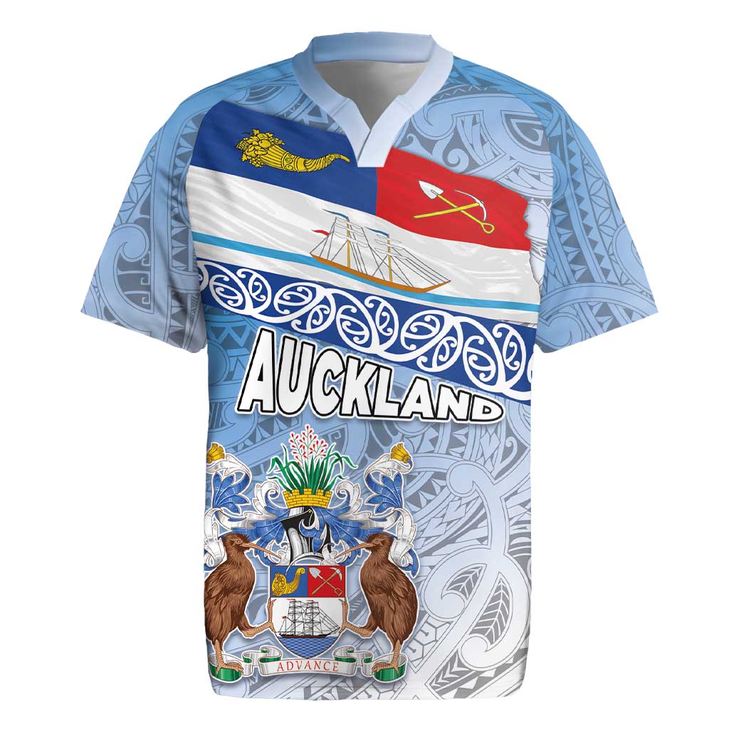 New Zealand Auckland Rugby Jersey Auckland's Flag and Coat of Arms - Koru Art Maori Pattern