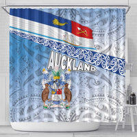 New Zealand Auckland Shower Curtain Auckland's Flag and Coat of Arms - Koru Art Maori Pattern