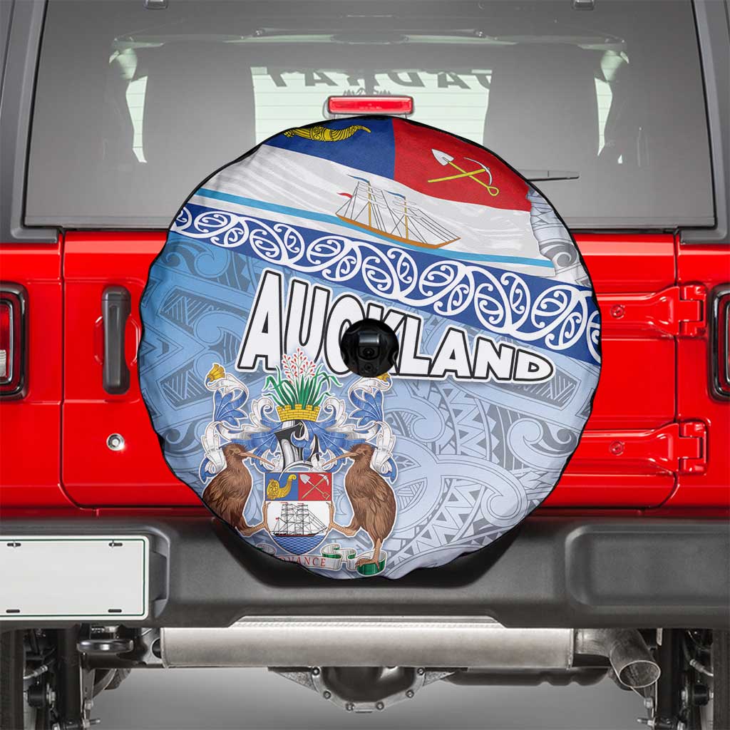 New Zealand Auckland Spare Tire Cover Auckland's Flag and Coat of Arms - Koru Art Maori Pattern