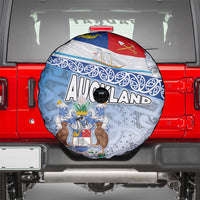 New Zealand Auckland Spare Tire Cover Auckland's Flag and Coat of Arms - Koru Art Maori Pattern
