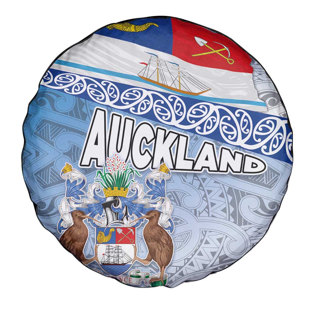 New Zealand Auckland Spare Tire Cover Auckland's Flag and Coat of Arms - Koru Art Maori Pattern