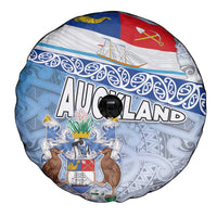 New Zealand Auckland Spare Tire Cover Auckland's Flag and Coat of Arms - Koru Art Maori Pattern