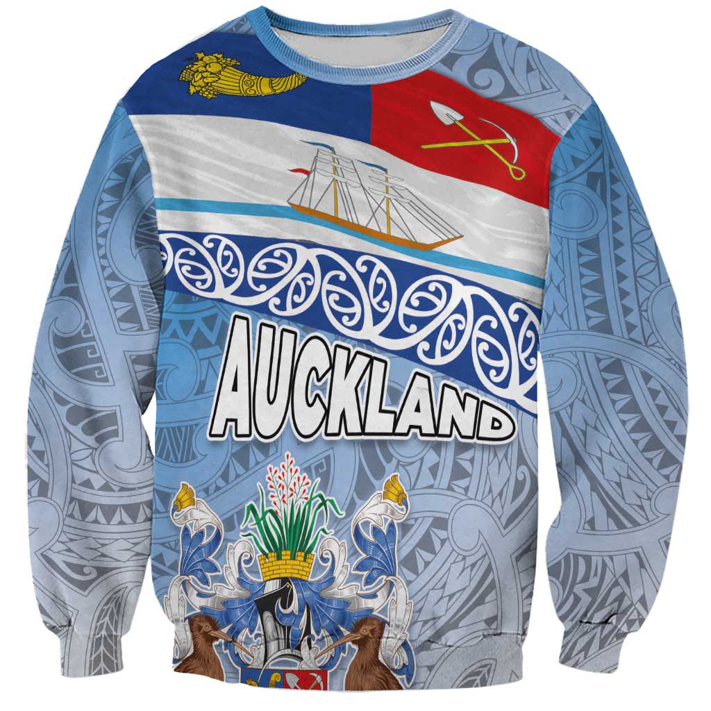New Zealand Auckland Sweatshirt Auckland's Flag and Coat of Arms - Koru Art Maori Pattern
