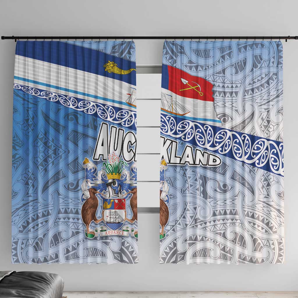 New Zealand Auckland Window Curtain Auckland's Flag and Coat of Arms - Koru Art Maori Pattern LT03 With Hooks Light Blue - Polynesian Pride