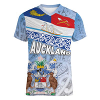 New Zealand Auckland Women V-Neck T-Shirt Auckland's Flag and Coat of Arms - Koru Art Maori Pattern