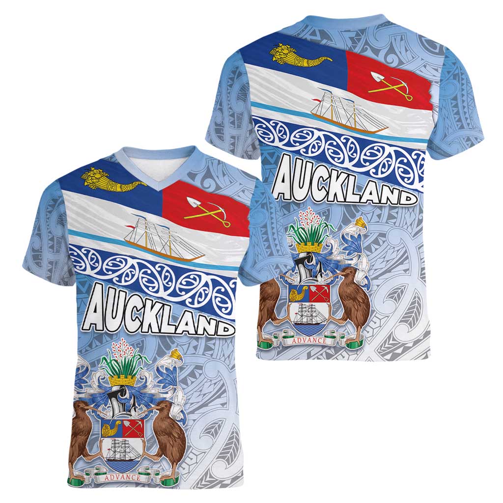 New Zealand Auckland Women V-Neck T-Shirt Auckland's Flag and Coat of Arms - Koru Art Maori Pattern