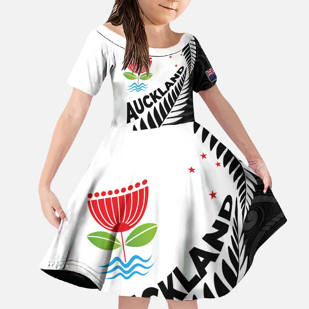 New Zealand Auckland Family Matching Tank Maxi Dress and Hawaiian Shirt Auckland's Emblem and Silver Ferns - Maori Art Tattoo LT03 Daughter's Dress Light Blue - Polynesian Pride