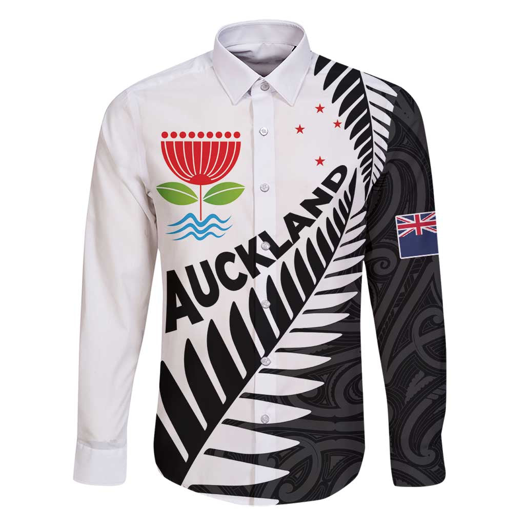 New Zealand Auckland Family Matching Tank Maxi Dress and Hawaiian Shirt Auckland's Emblem and Silver Ferns - Maori Art Tattoo LT03 Dad's Shirt - Long Sleeve Light Blue - Polynesian Pride
