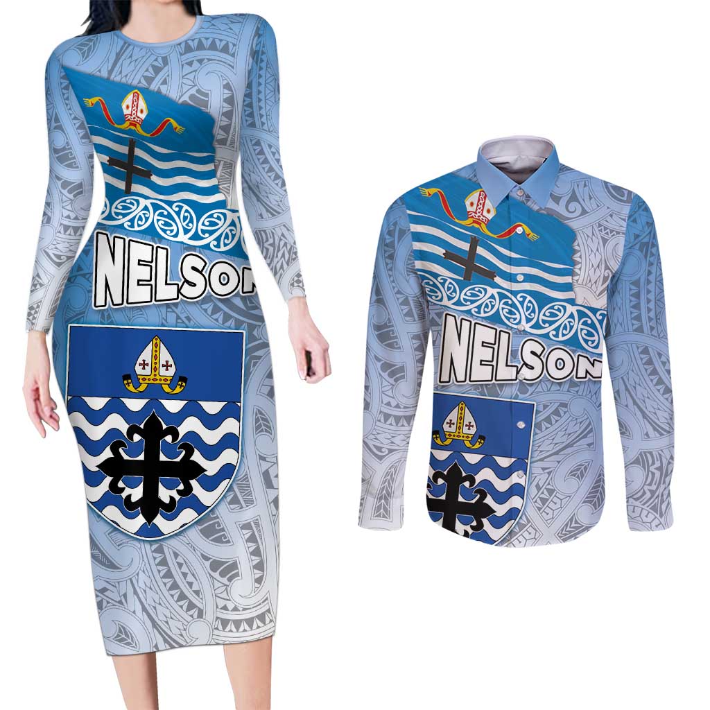 New Zealand Nelson Couples Matching Long Sleeve Bodycon Dress and Long Sleeve Button Shirt Nelson's Flag and Seal - Maori Art Tattoo LT03 White - Polynesian Pride