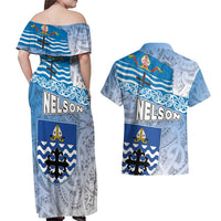 New Zealand Nelson Couples Matching Off Shoulder Maxi Dress and Hawaiian Shirt Nelson's Flag and Seal - Maori Art Tattoo