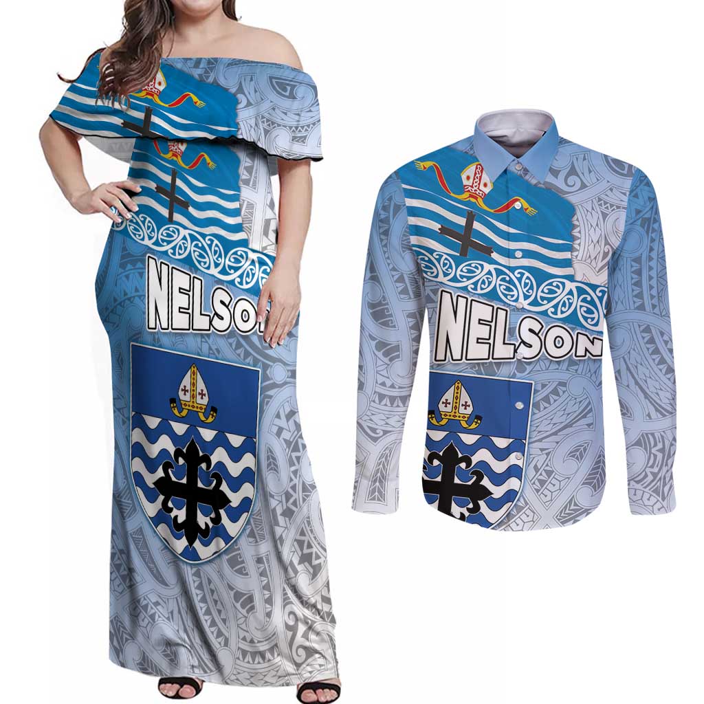 New Zealand Nelson Couples Matching Off Shoulder Maxi Dress and Long Sleeve Button Shirt Nelson's Flag and Seal - Maori Art Tattoo LT03 White - Polynesian Pride