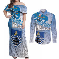 New Zealand Nelson Couples Matching Off Shoulder Maxi Dress and Long Sleeve Button Shirt Nelson's Flag and Seal - Maori Art Tattoo