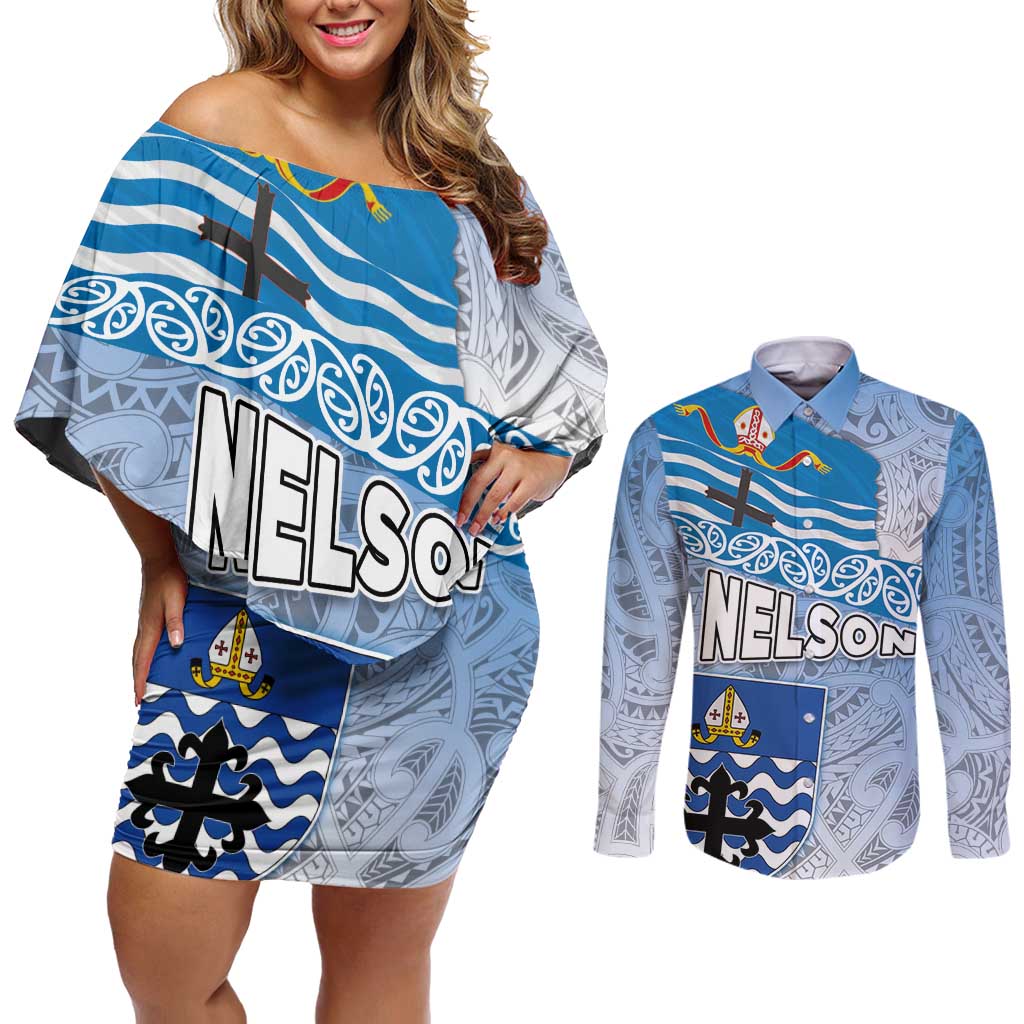 New Zealand Nelson Couples Matching Off Shoulder Short Dress and Long Sleeve Button Shirt Nelson's Flag and Seal - Maori Art Tattoo LT03 White - Polynesian Pride