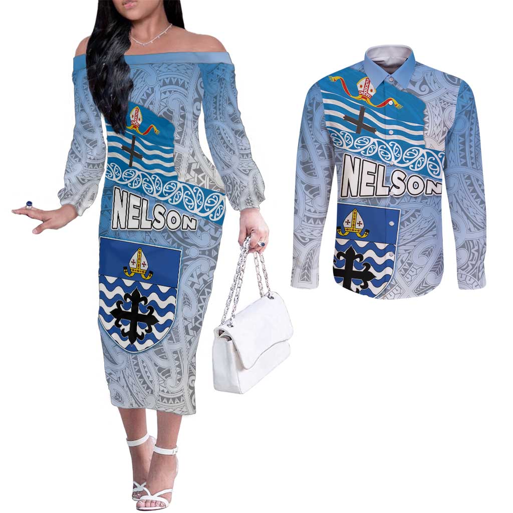 New Zealand Nelson Couples Matching Off The Shoulder Long Sleeve Dress and Long Sleeve Button Shirt Nelson's Flag and Seal - Maori Art Tattoo LT03 White - Polynesian Pride