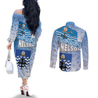 New Zealand Nelson Couples Matching Off The Shoulder Long Sleeve Dress and Long Sleeve Button Shirt Nelson's Flag and Seal - Maori Art Tattoo