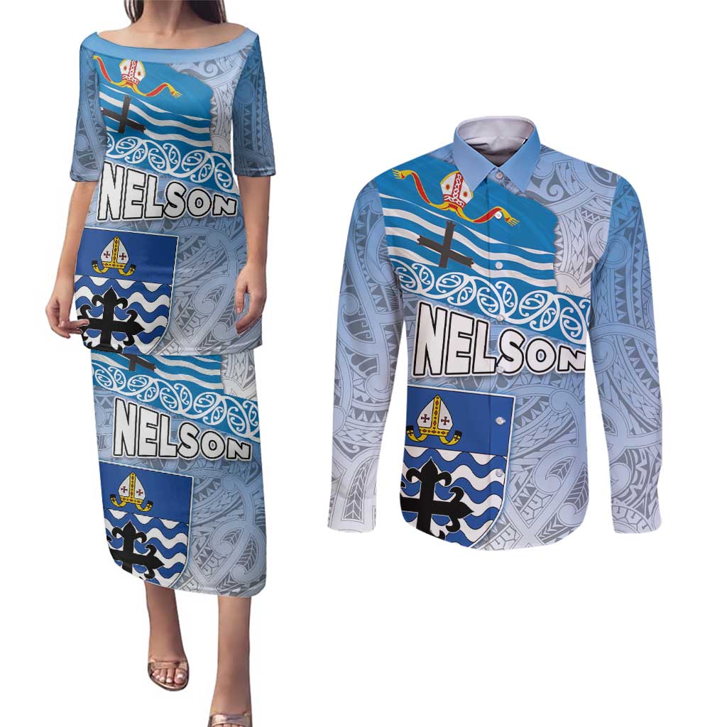 New Zealand Nelson Couples Matching Puletasi and Long Sleeve Button Shirt Nelson's Flag and Seal - Maori Art Tattoo LT03 White - Polynesian Pride