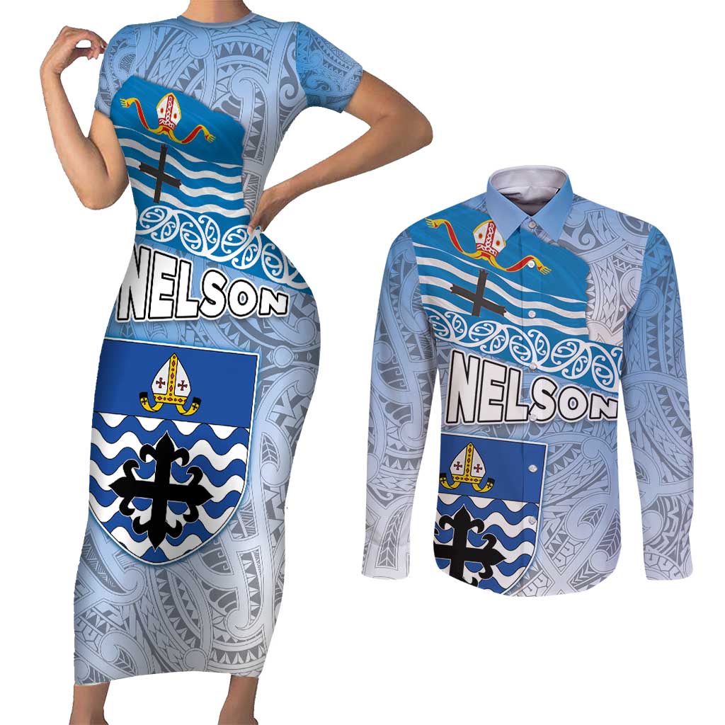 New Zealand Nelson Couples Matching Short Sleeve Bodycon Dress and Long Sleeve Button Shirt Nelson's Flag and Seal - Maori Art Tattoo LT03 White - Polynesian Pride