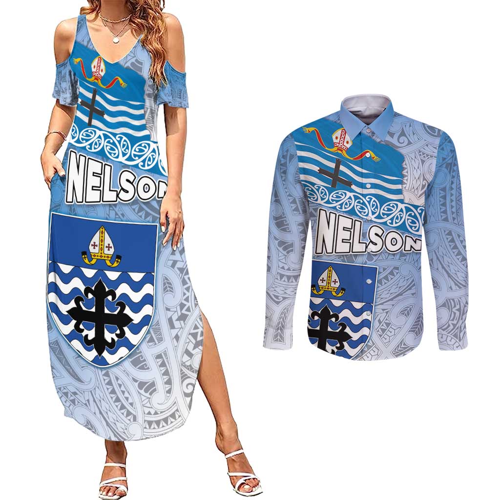 New Zealand Nelson Couples Matching Summer Maxi Dress and Long Sleeve Button Shirt Nelson's Flag and Seal - Maori Art Tattoo LT03 White - Polynesian Pride
