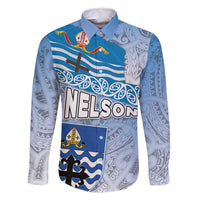New Zealand Nelson Family Matching Tank Maxi Dress and Hawaiian Shirt Nelson's Flag and Seal - Maori Art Tattoo LT03 Dad's Shirt - Long Sleeve White - Polynesian Pride