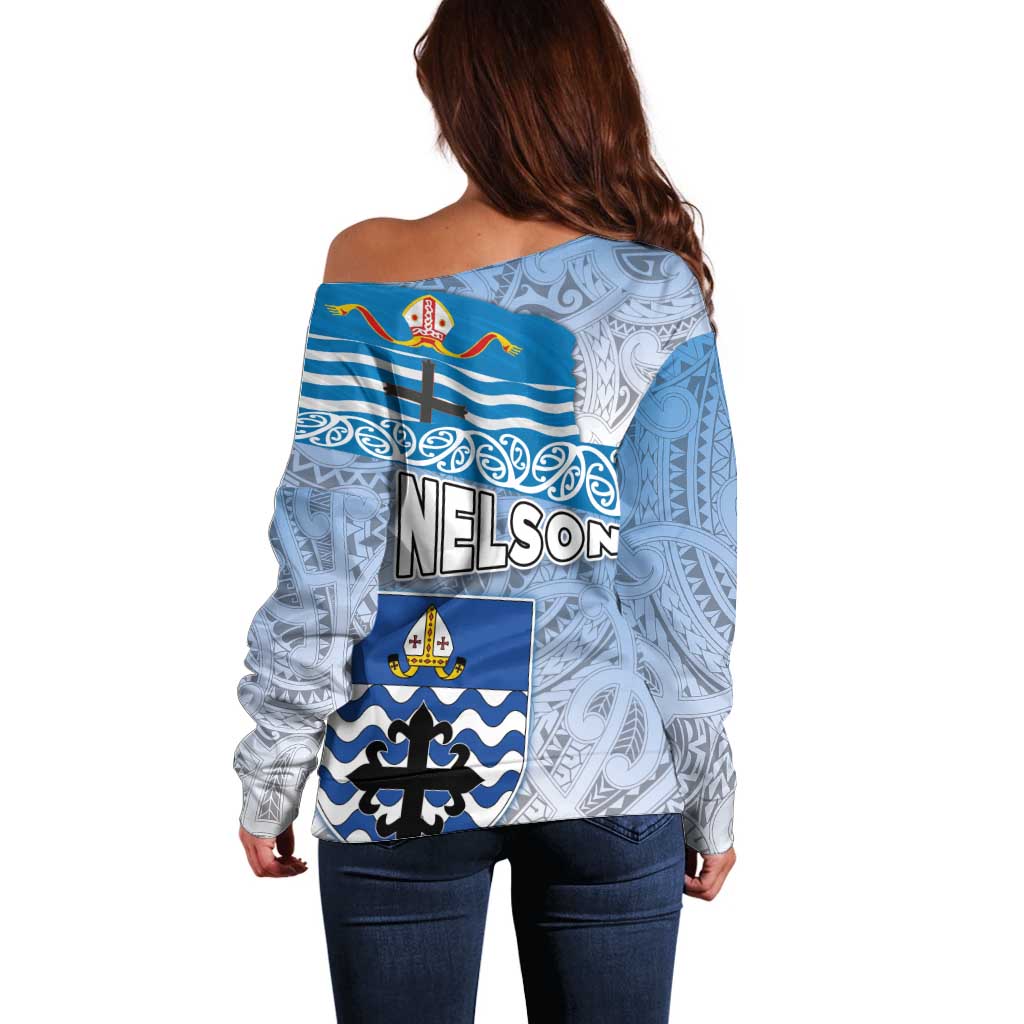 New Zealand Nelson Off Shoulder Sweater Nelson's Flag and Seal - Maori Art Tattoo