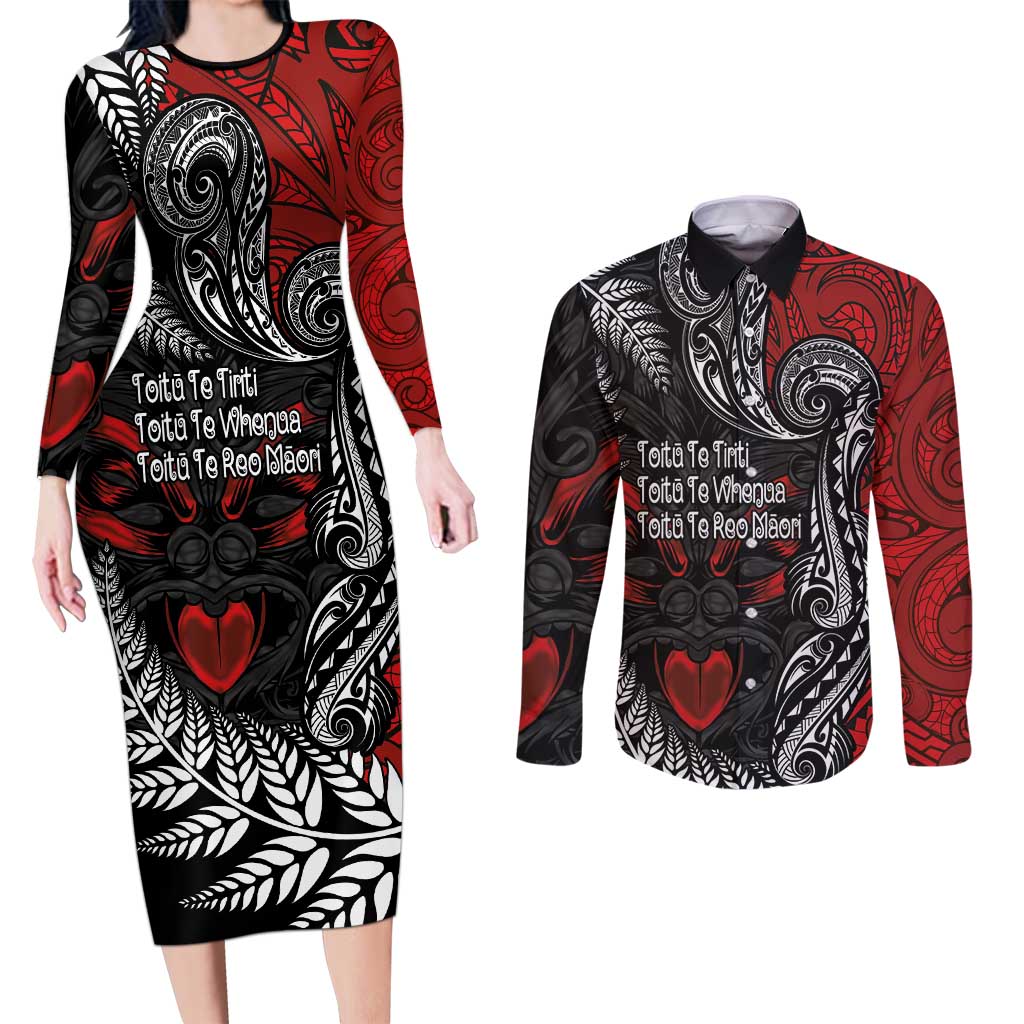 Aotearoa Toitu Te Tiriti Couples Matching Long Sleeve Bodycon Dress and Long Sleeve Button Shirt New Zealand Honour the Treaty - Te Tiriti Is Us