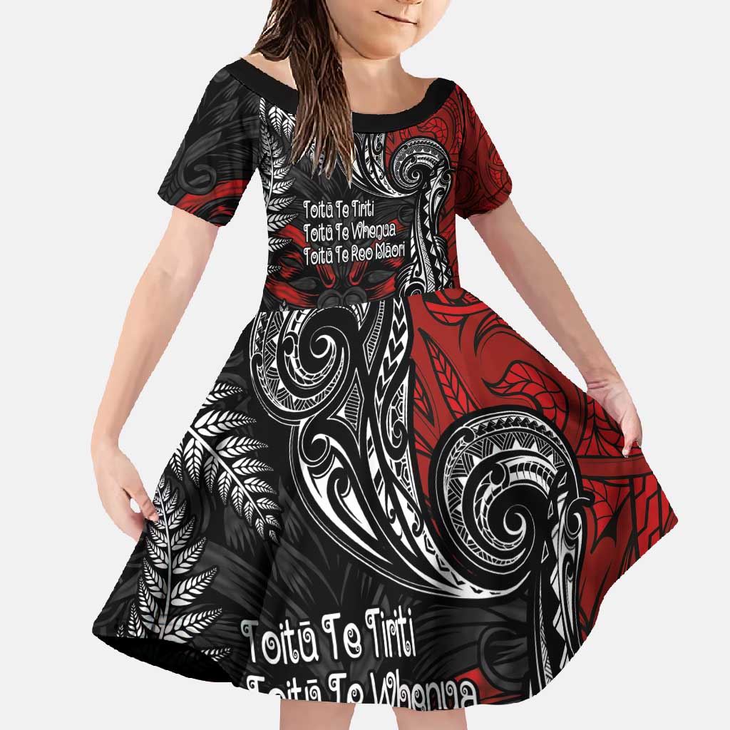 Aotearoa Toitu Te Tiriti Family Matching Short Sleeve Bodycon Dress and Hawaiian Shirt New Zealand Honour the Treaty - Te Tiriti Is Us LT03 Daughter's Dress Red - Polynesian Pride