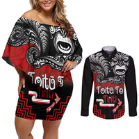 Aotearoa Toitu Te Tiriti Couples Matching Off Shoulder Short Dress and Long Sleeve Button Shirt New Zealand Honour the Treaty - Fight Together