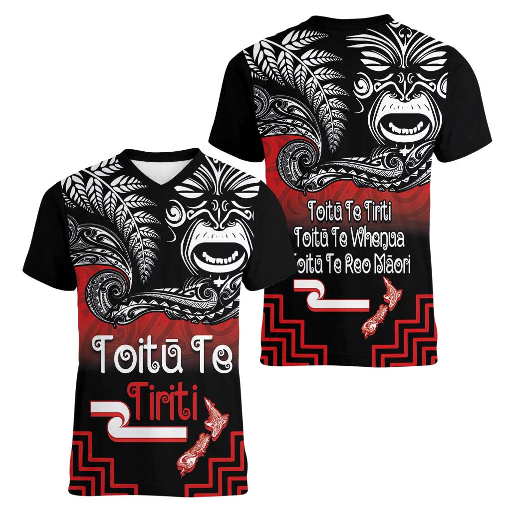 Aotearoa Toitu Te Tiriti Women V-Neck T-Shirt New Zealand Honour the Treaty - Fight Together
