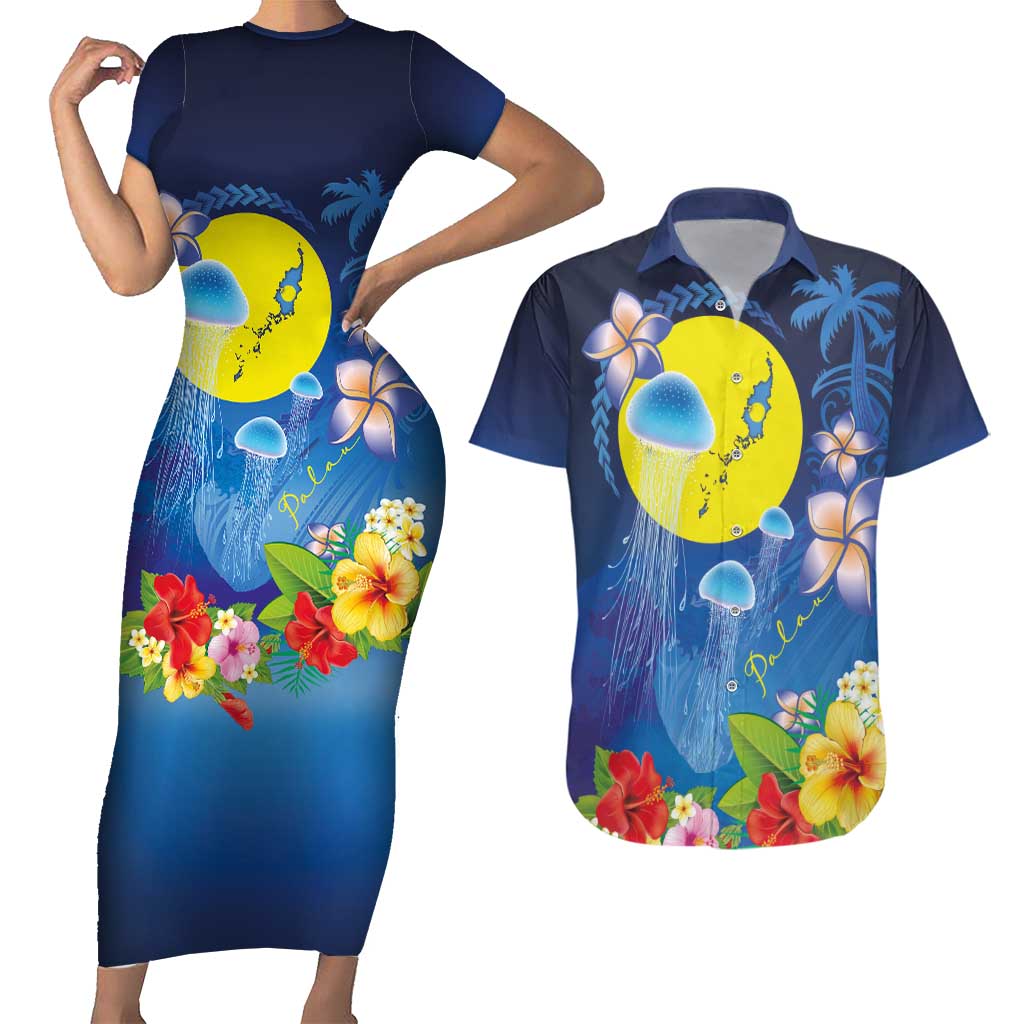 Palau Jellyfish Couples Matching Short Sleeve Bodycon Dress and Hawaiian Shirt Ocean Heritage Tropical Plants - Polynesian Pride