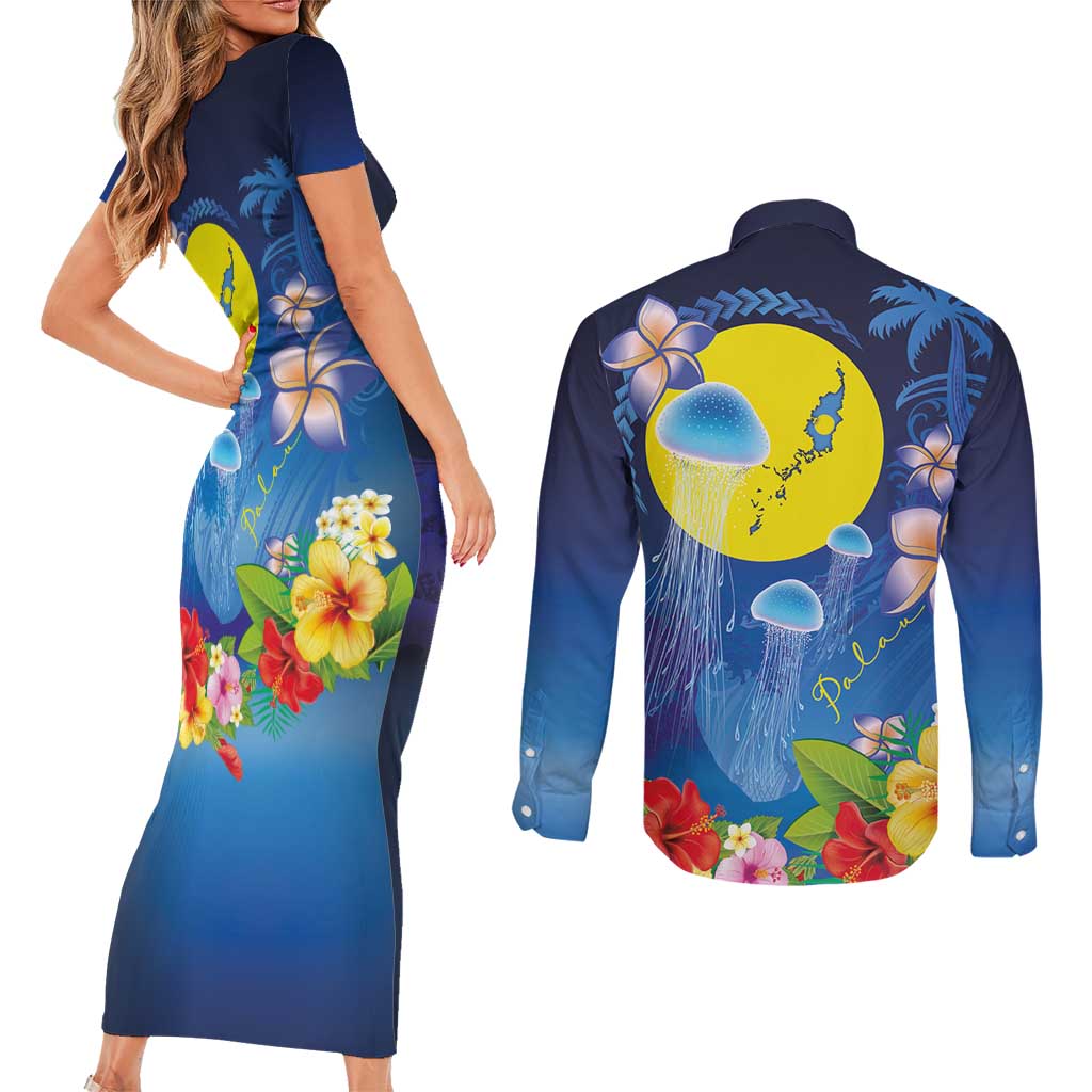 Palau Jellyfish Couples Matching Short Sleeve Bodycon Dress and Long Sleeve Button Shirt Ocean Heritage Tropical Plants - Polynesian Pride