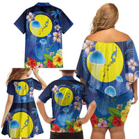 Palau Jellyfish Family Matching Off Shoulder Short Dress and Hawaiian Shirt Ocean Heritage Tropical Plants - Polynesian Pride