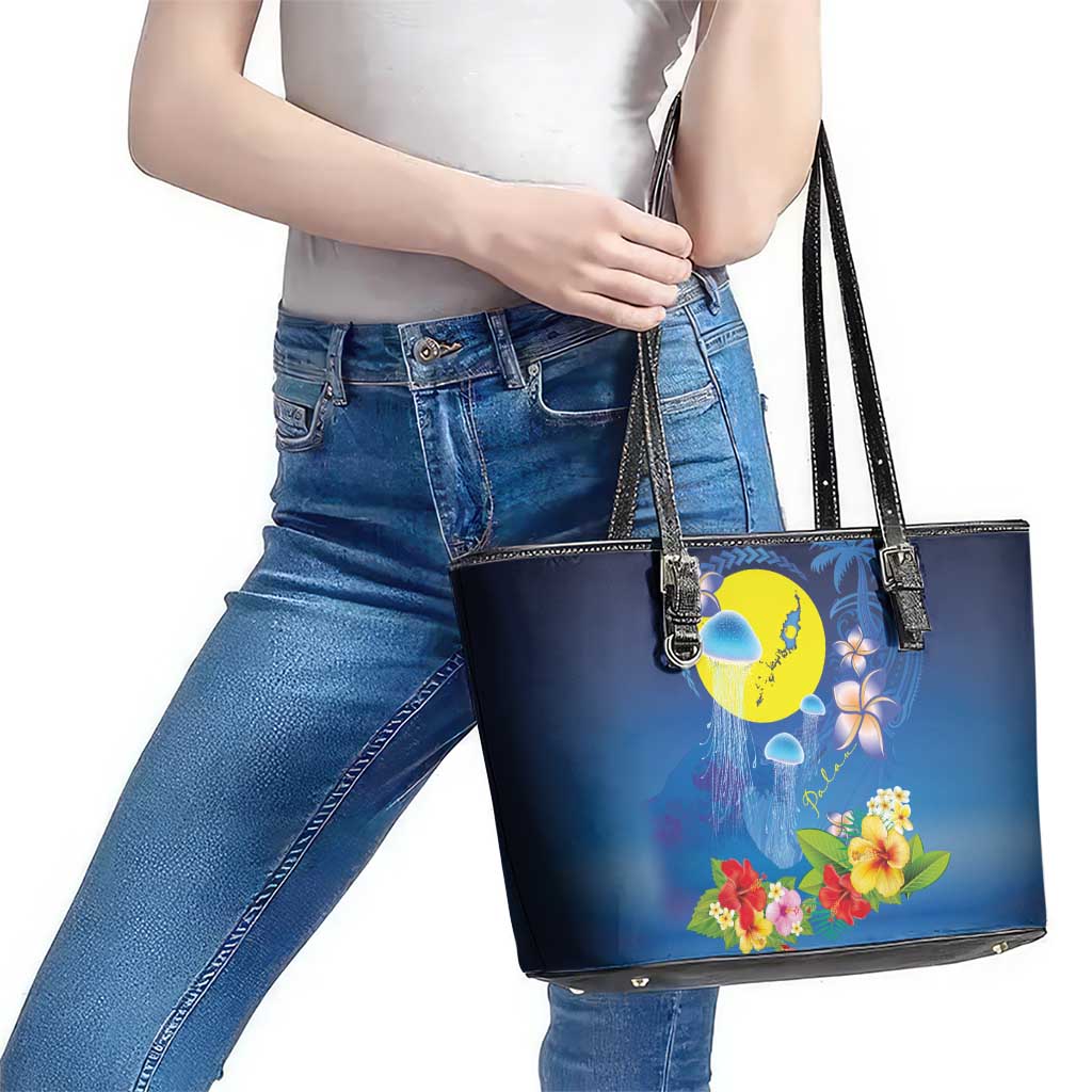 Palau Jellyfish Leather Tote Bag Ocean Heritage Tropical Plants - Polynesian Pride