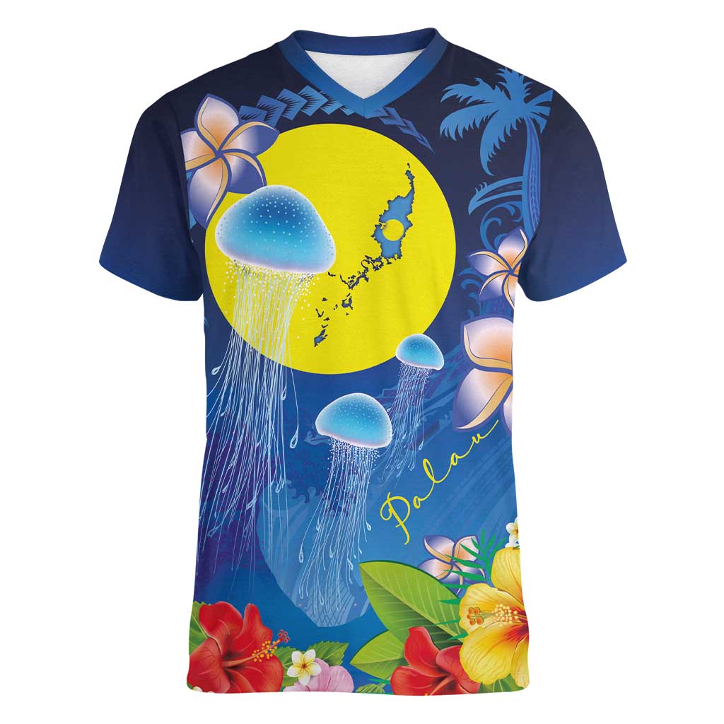 Palau Jellyfish Women V-Neck T-Shirt Ocean Heritage Tropical Plants - Polynesian Pride