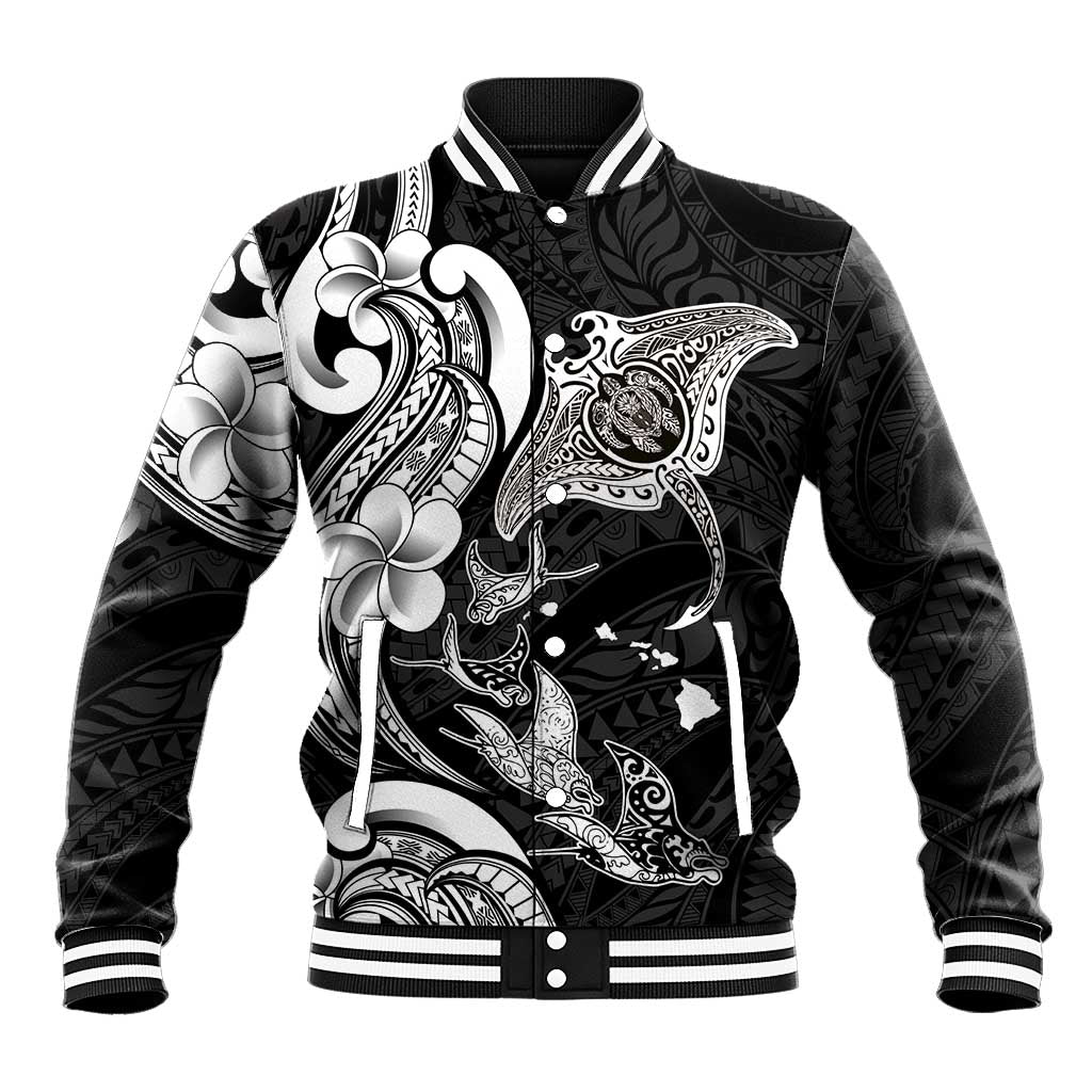 Hawaiian Manta Rays Baseball Jacket Tribal Hibiscus Polynesian Tattoos Black Color LT03 Unisex Black - Polynesian Pride
