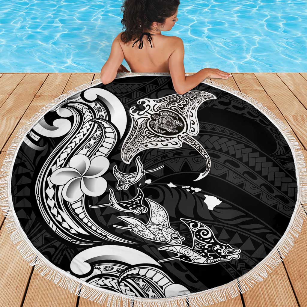 Hawaiian Manta Rays Beach Blanket Tribal Hibiscus Polynesian Tattoos Black Color - Polynesian Pride