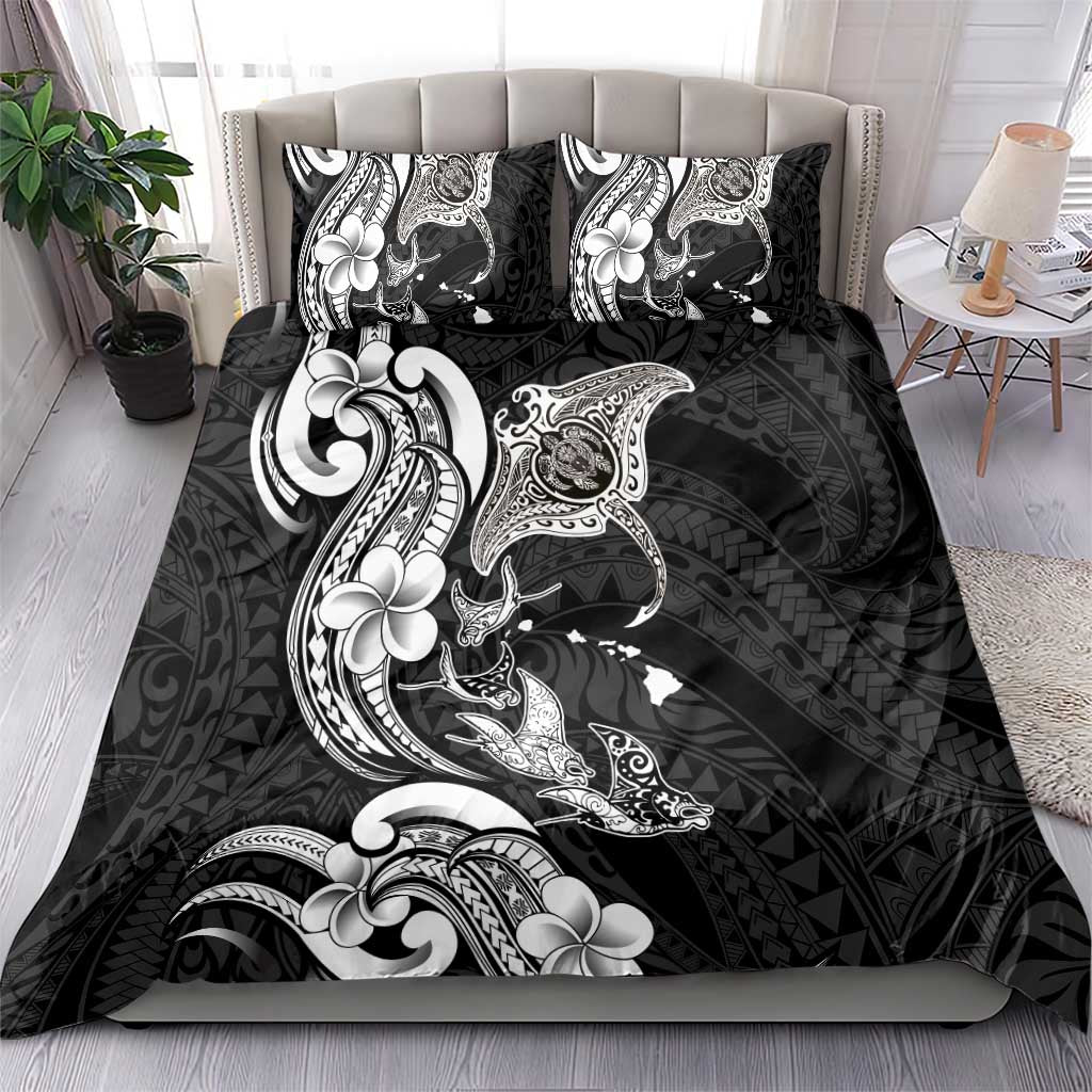 Hawaiian Manta Rays Bedding Set Tribal Hibiscus Polynesian Tattoos Black Color - Polynesian Pride