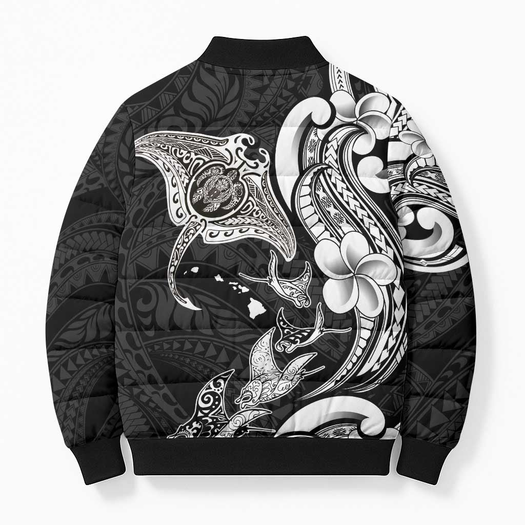 Hawaiian Manta Rays Bomber Puffer Jacket Tribal Hibiscus Polynesian Tattoos Black Color - Polynesian Pride