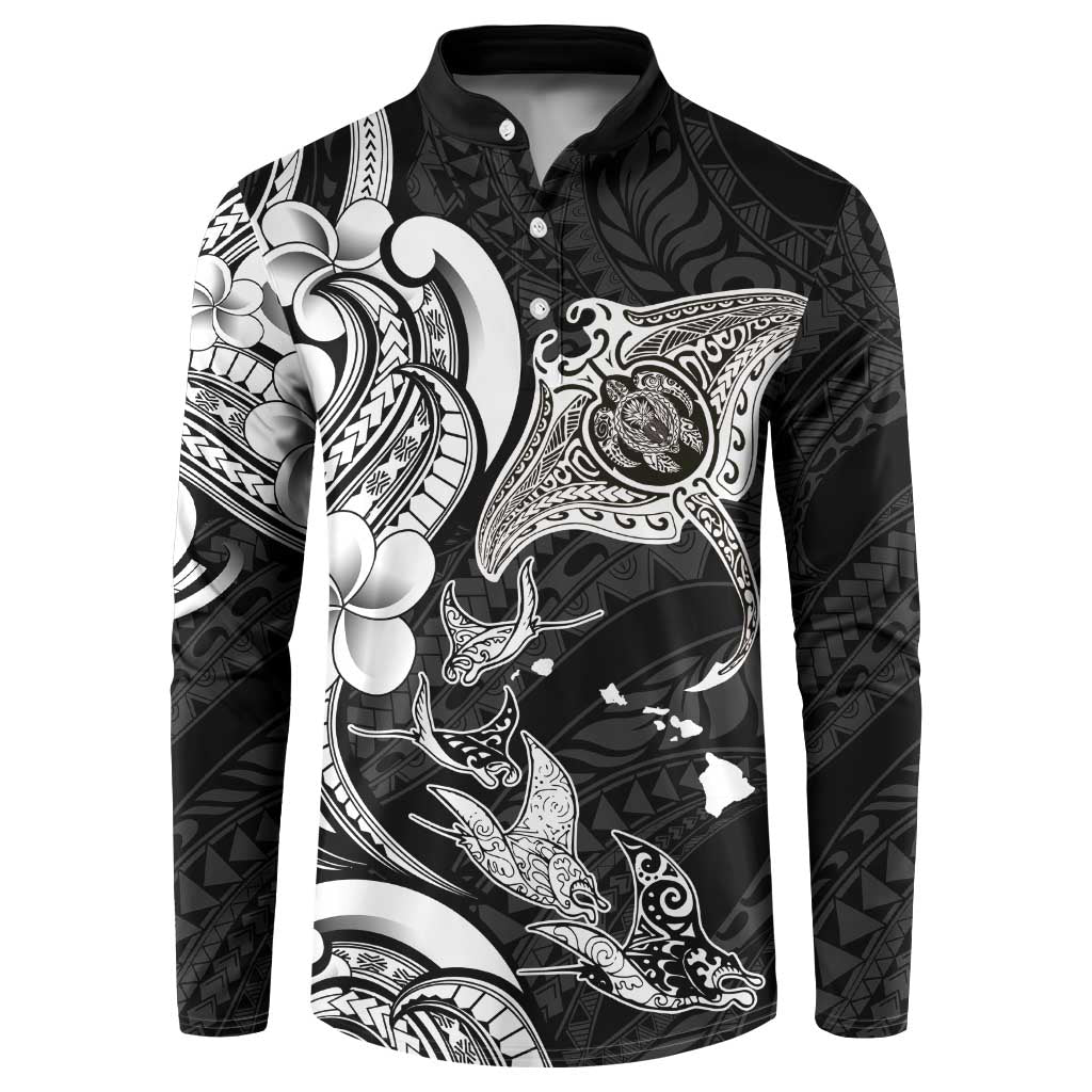 Hawaiian Manta Rays Button Sweatshirt Tribal Hibiscus Polynesian Tattoos Black Color - Polynesian Pride