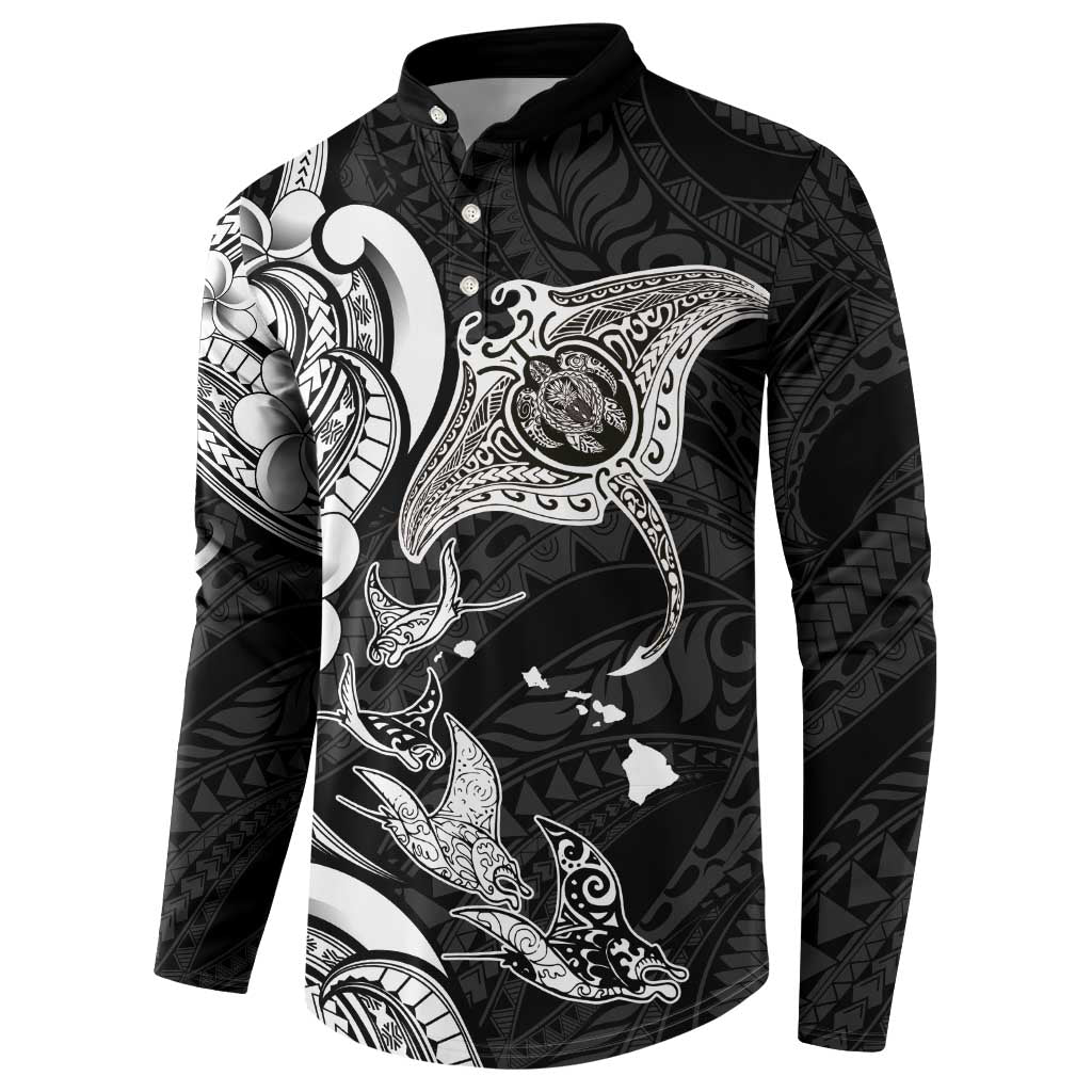 Hawaiian Manta Rays Button Sweatshirt Tribal Hibiscus Polynesian Tattoos Black Color - Polynesian Pride