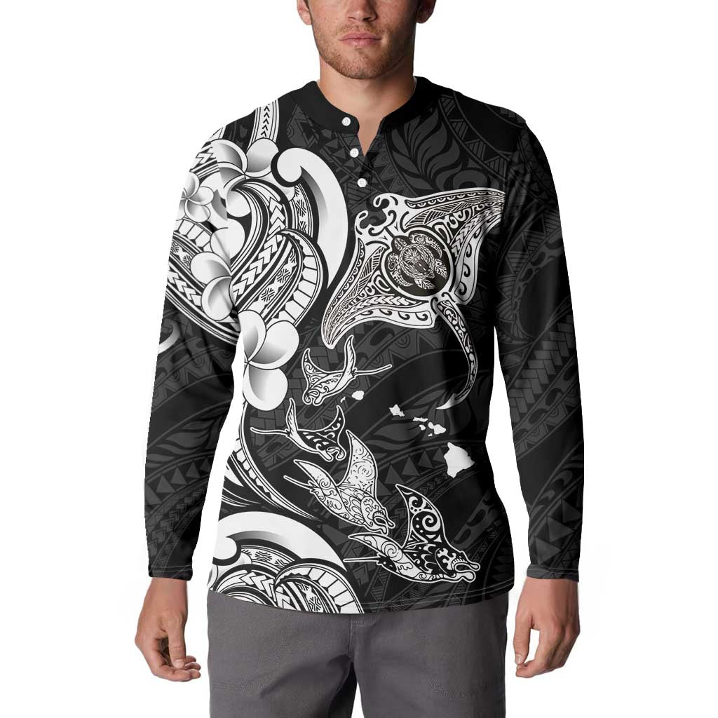 Hawaiian Manta Rays Button Sweatshirt Tribal Hibiscus Polynesian Tattoos Black Color - Polynesian Pride