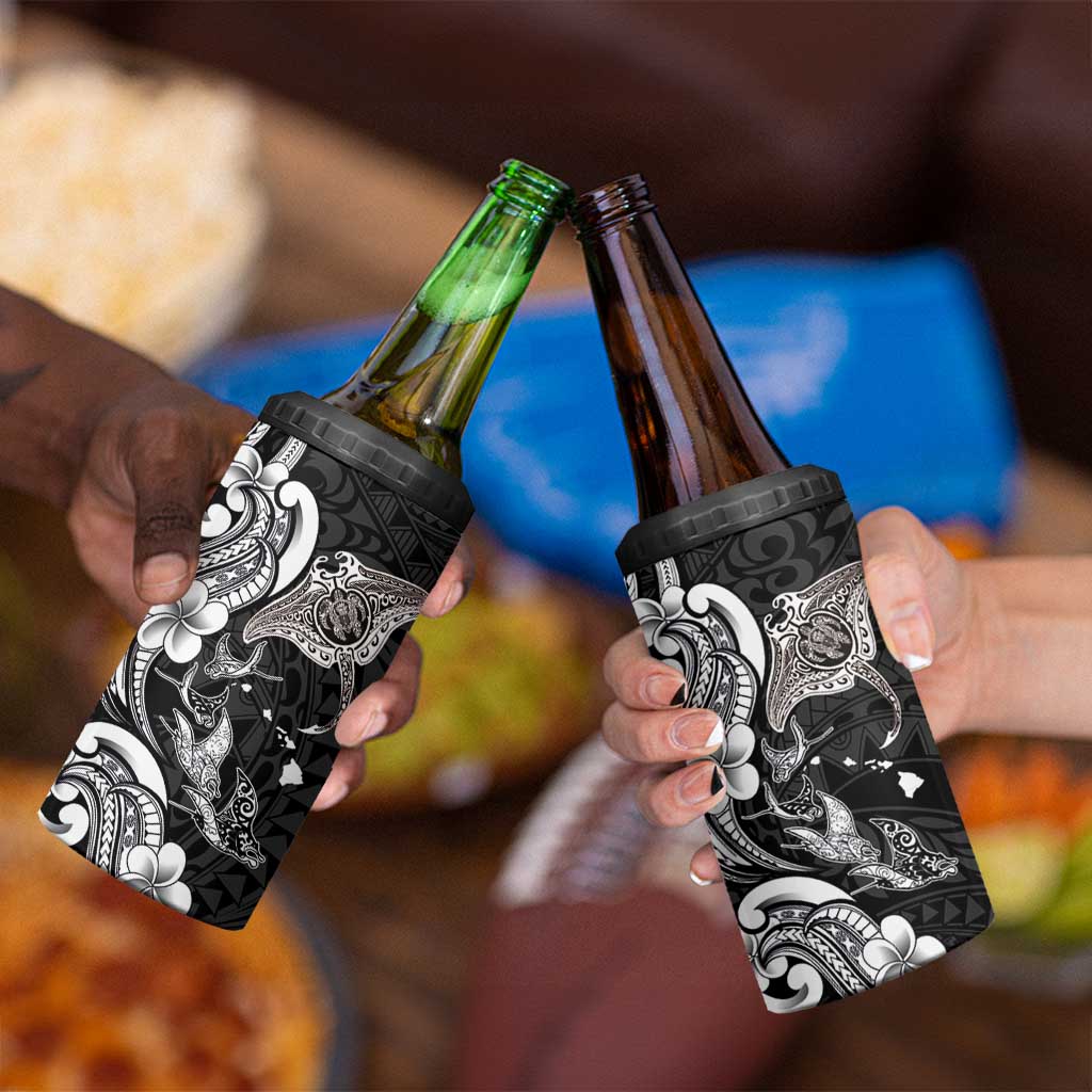 Hawaiian Manta Rays 4 in 1 Can Cooler Tumbler Tribal Hibiscus Polynesian Tattoos Black Color - Polynesian Pride