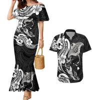Hawaiian Manta Rays Couples Matching Mermaid Dress and Hawaiian Shirt Tribal Hibiscus Polynesian Tattoos Black Color - Polynesian Pride