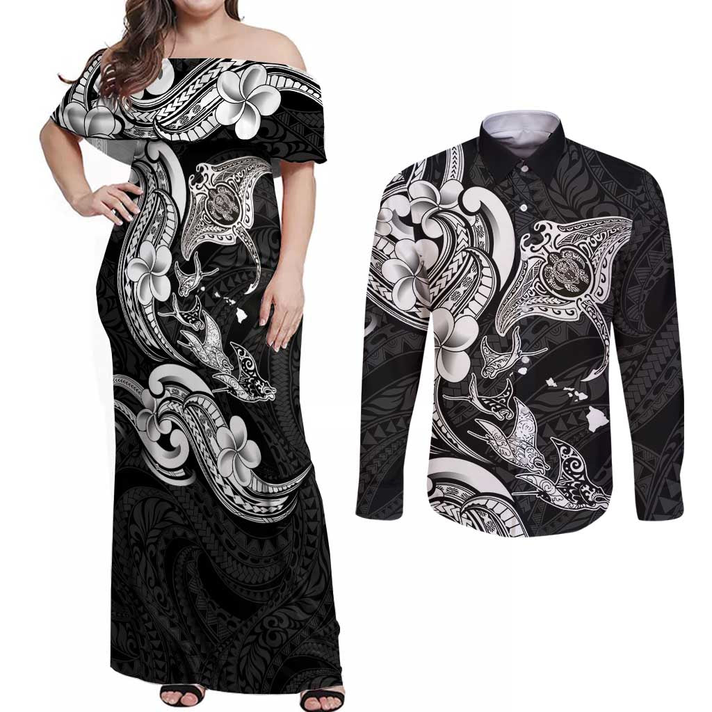 Hawaiian Manta Rays Couples Matching Off Shoulder Maxi Dress and Long Sleeve Button Shirt Tribal Hibiscus Polynesian Tattoos Black Color - Polynesian Pride