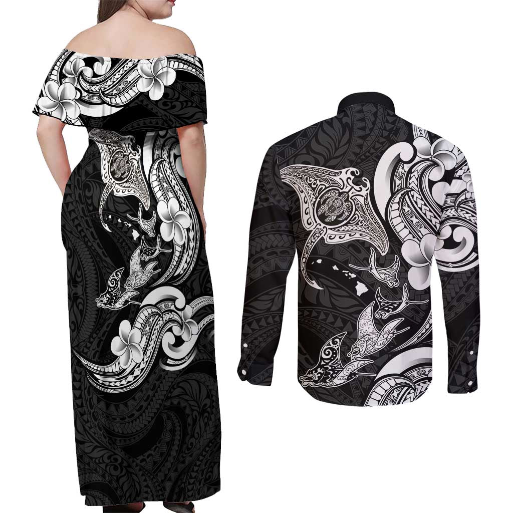 Hawaiian Manta Rays Couples Matching Off Shoulder Maxi Dress and Long Sleeve Button Shirt Tribal Hibiscus Polynesian Tattoos Black Color - Polynesian Pride