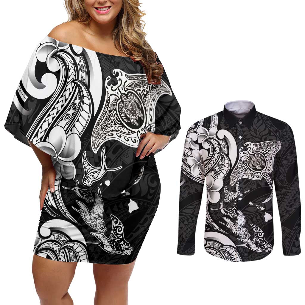 Hawaiian Manta Rays Couples Matching Off Shoulder Short Dress and Long Sleeve Button Shirt Tribal Hibiscus Polynesian Tattoos Black Color - Polynesian Pride
