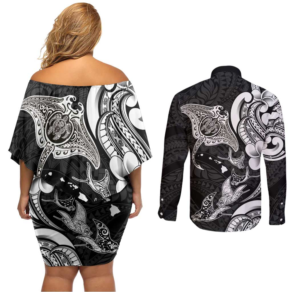 Hawaiian Manta Rays Couples Matching Off Shoulder Short Dress and Long Sleeve Button Shirt Tribal Hibiscus Polynesian Tattoos Black Color - Polynesian Pride