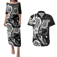 Hawaiian Manta Rays Couples Matching Puletasi and Hawaiian Shirt Tribal Hibiscus Polynesian Tattoos Black Color - Polynesian Pride