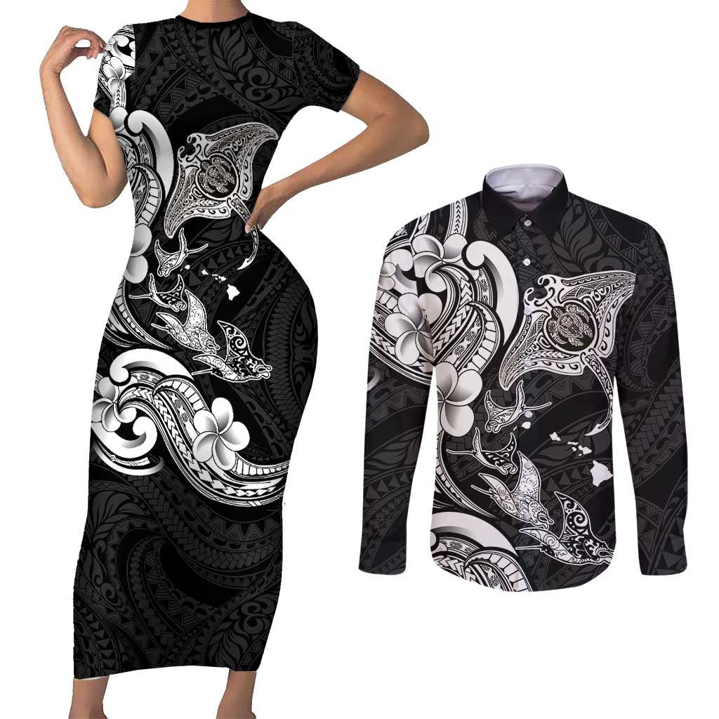 Hawaiian Manta Rays Couples Matching Short Sleeve Bodycon Dress and Long Sleeve Button Shirt Tribal Hibiscus Polynesian Tattoos Black Color - Polynesian Pride