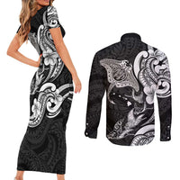 Hawaiian Manta Rays Couples Matching Short Sleeve Bodycon Dress and Long Sleeve Button Shirt Tribal Hibiscus Polynesian Tattoos Black Color - Polynesian Pride