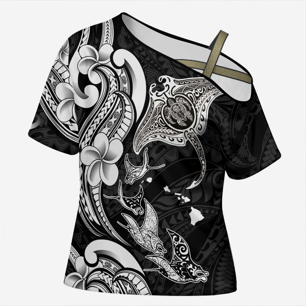 Hawaiian Manta Rays Cross Shoulder Shirt Tribal Hibiscus Polynesian Tattoos Black Color LT03 Female Black - Polynesian Pride